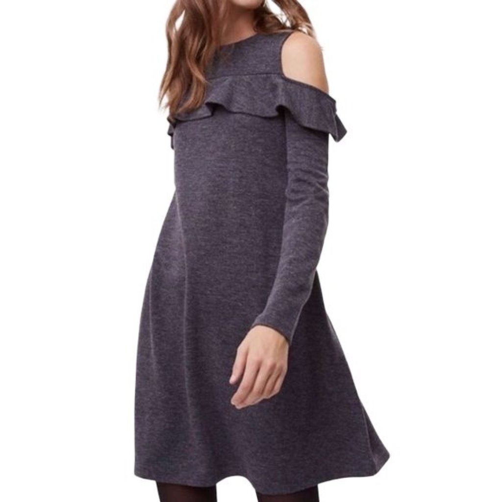 Loft Ruffle Cold Shoulder Grey Mini Dress Crew Neck Sz S